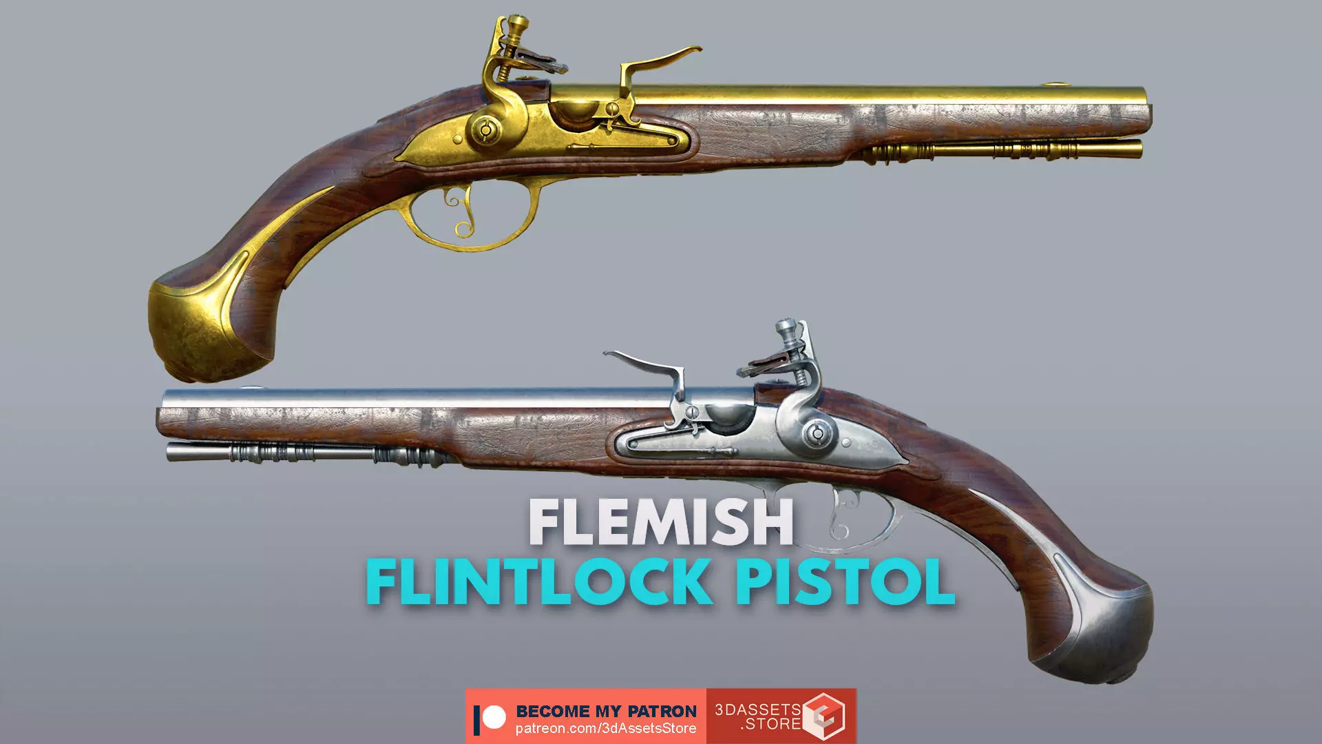 Weapon - Flemish Flintlock Pistol Low-poly 3D model_0