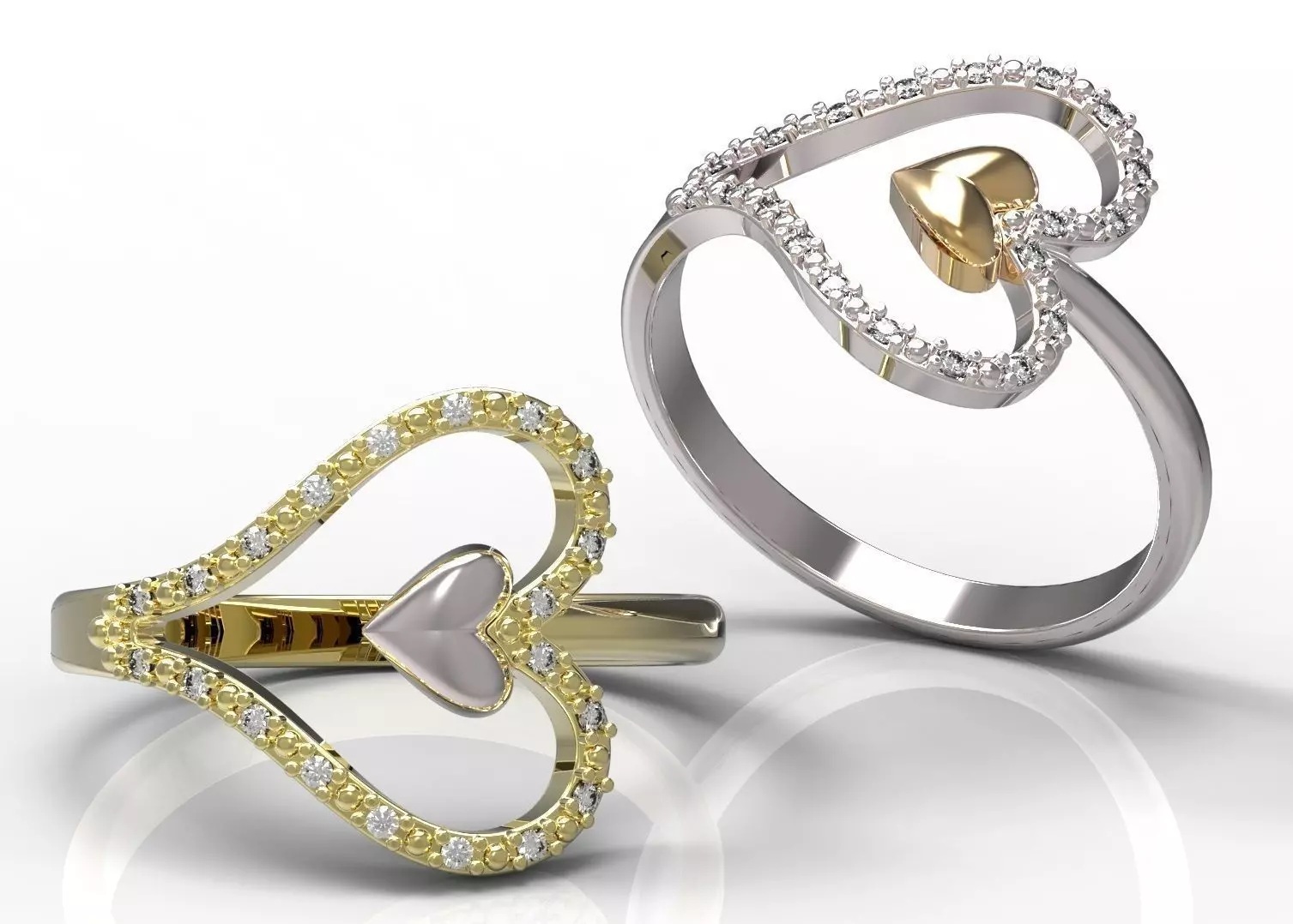 Ring two heart shaped rings with diamonds 3D print model_0