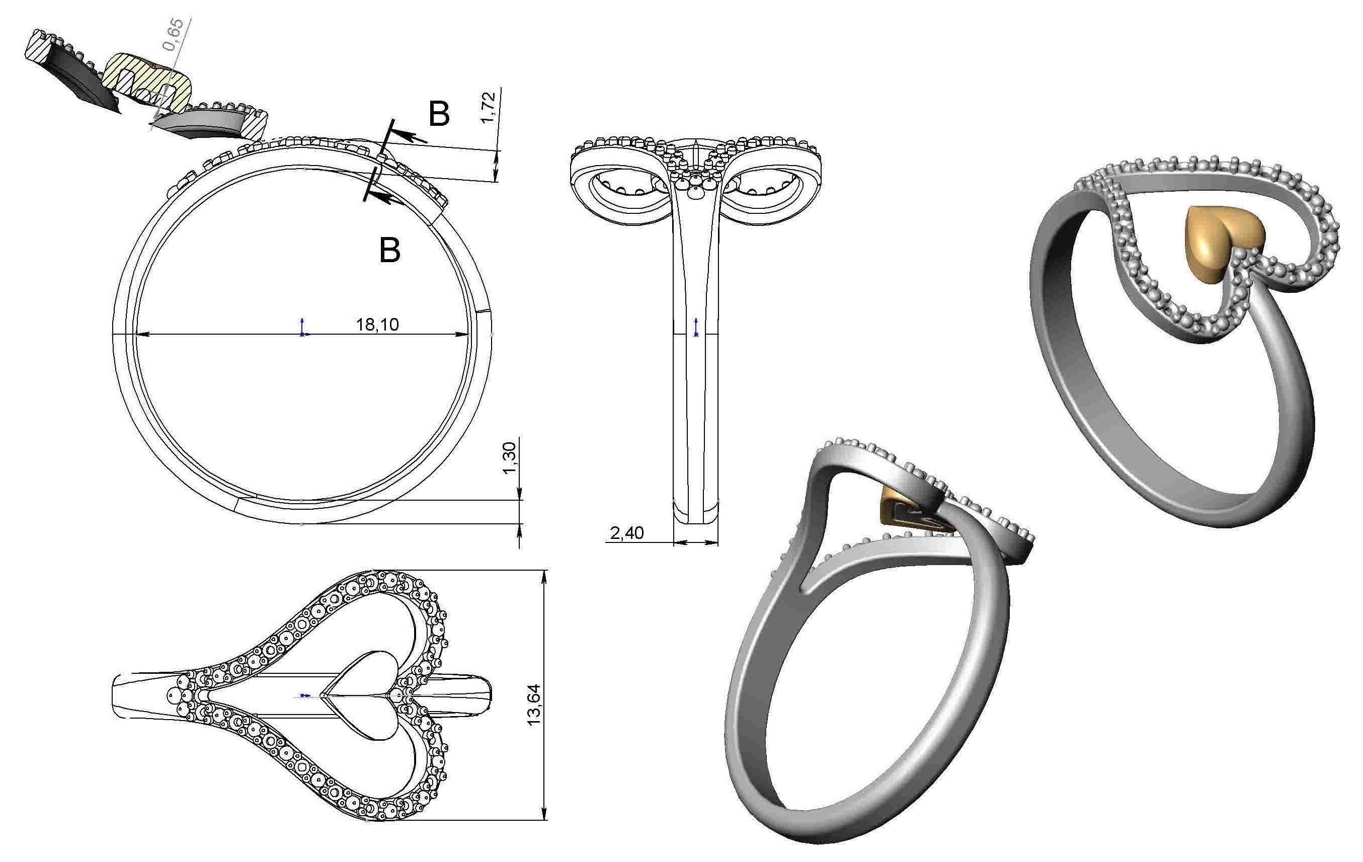 Ring two heart shaped rings with diamonds 3D print model_13