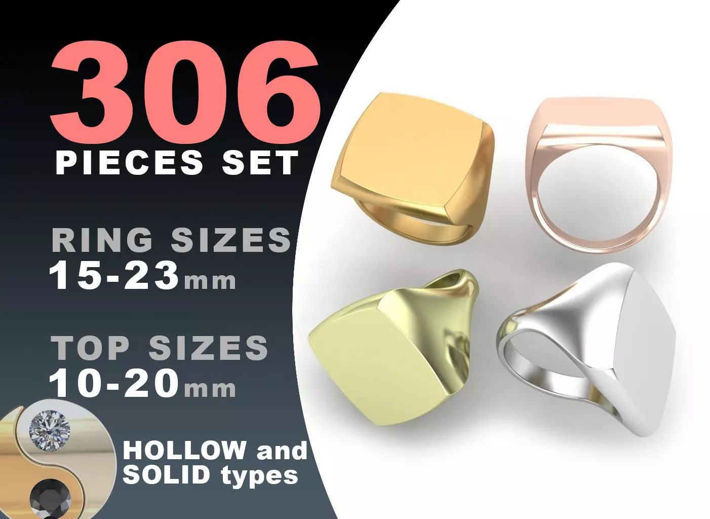 Signet rings set CUSHION top 3D print model_0