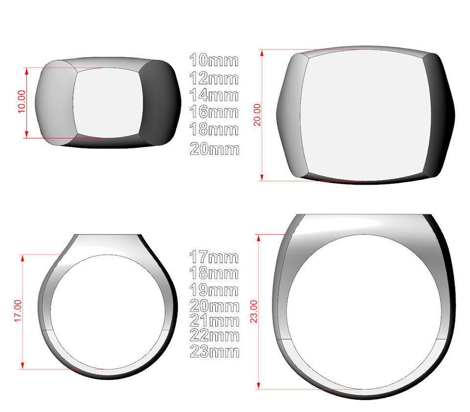 Signet rings set CUSHION top 3D print model_11