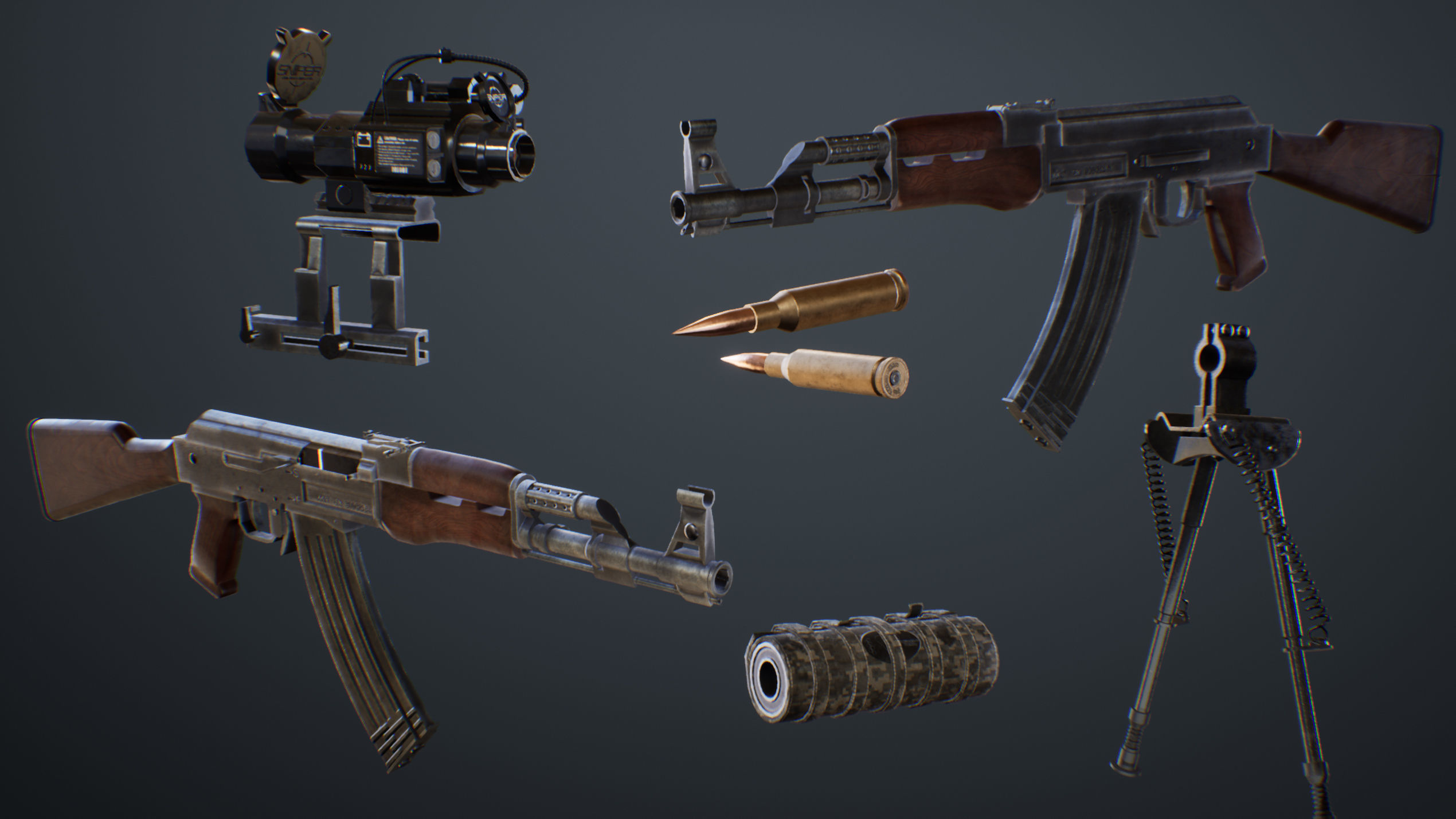 AK-47 Assault Rifle with Scope and Suppressor Low-poly 3D model_5