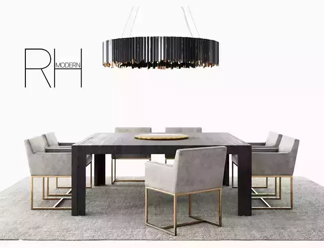RH Emery track modern dining set - Tom Kirk chandelier - Rug
