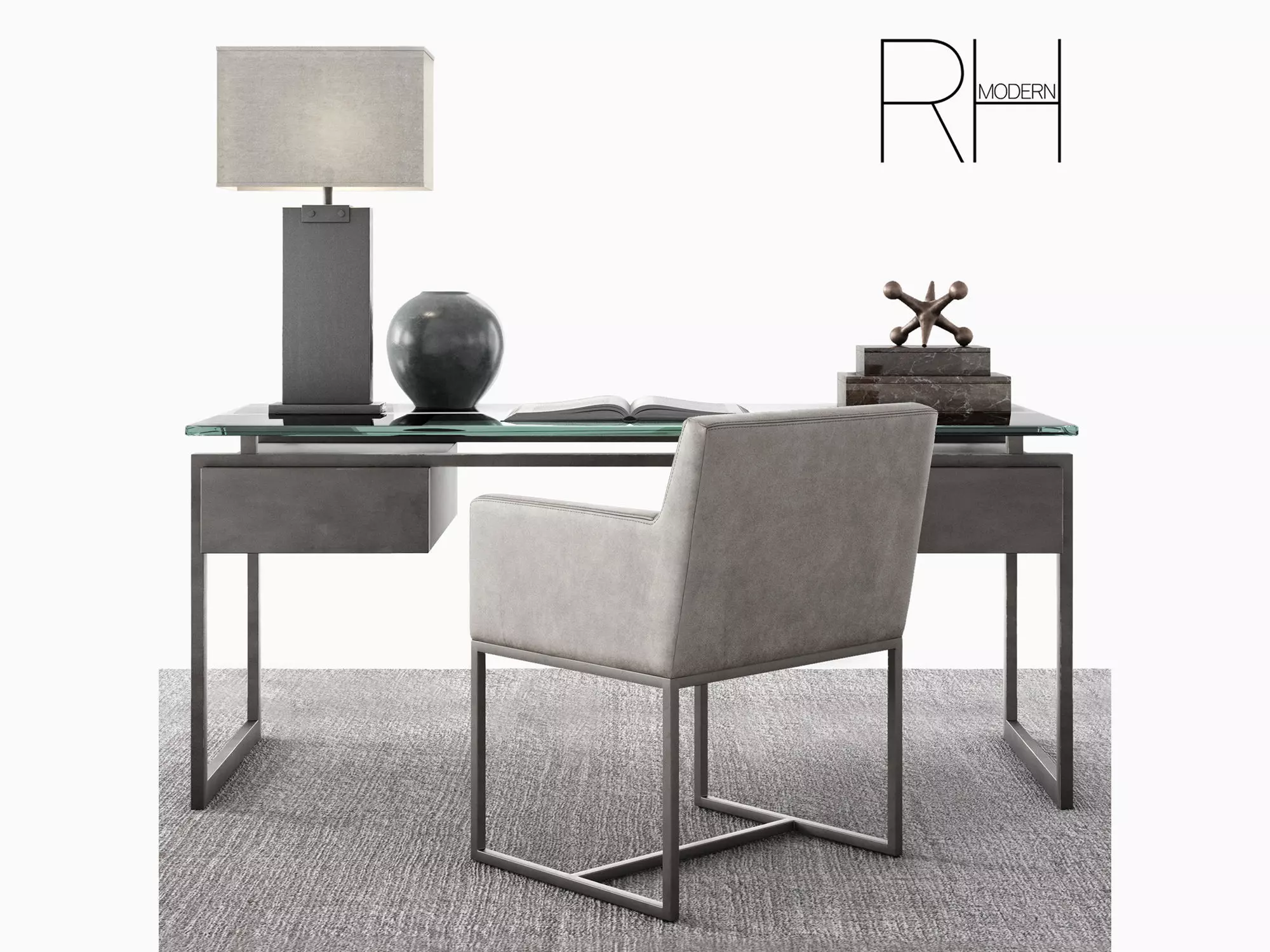 RH Latour desk set with emery track armchair and rug 3D model_0