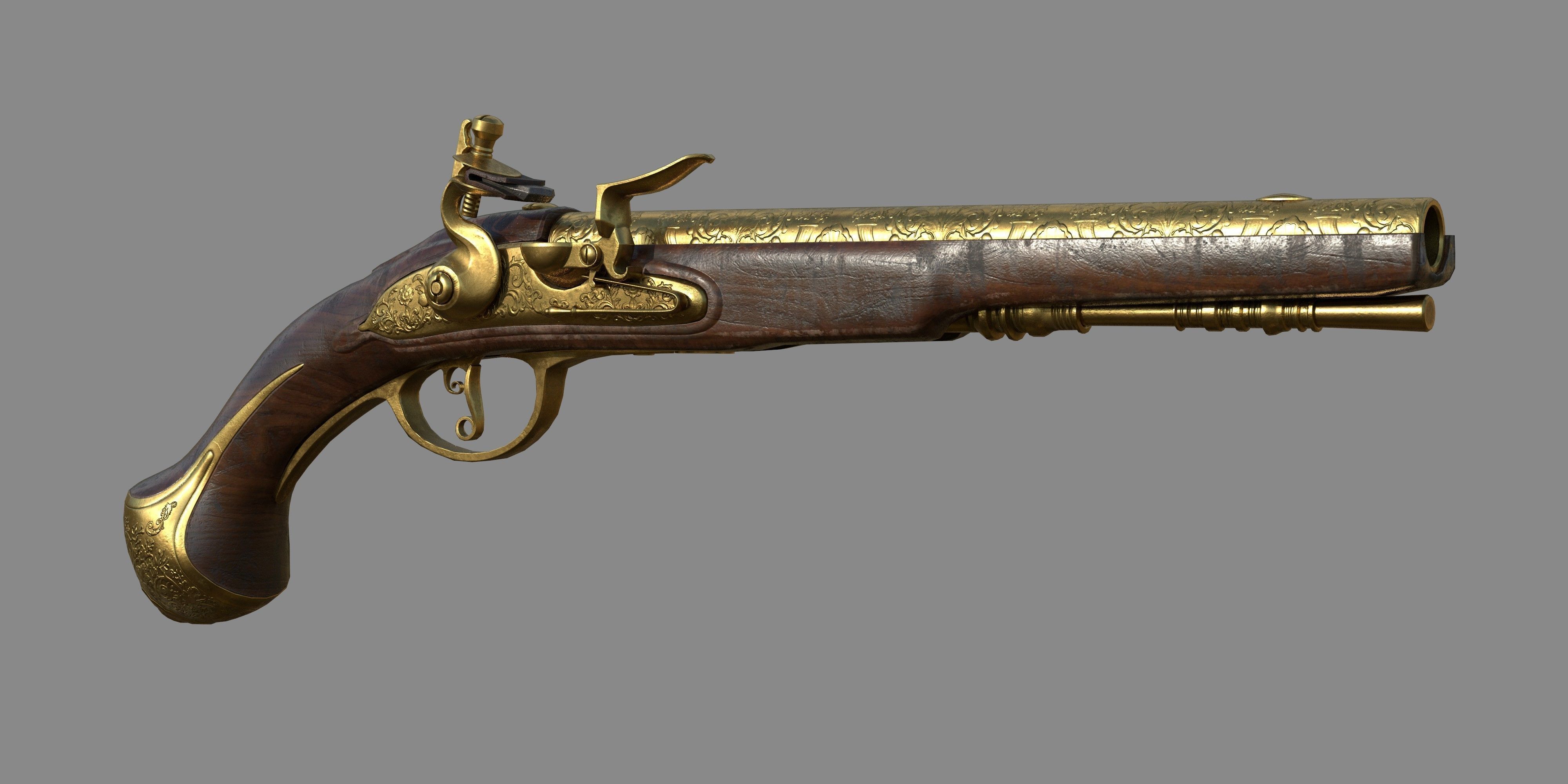 Weapon - Gun - Flintlock - Flemish Flintlock Pistol Ornament Low-poly 3D model_4
