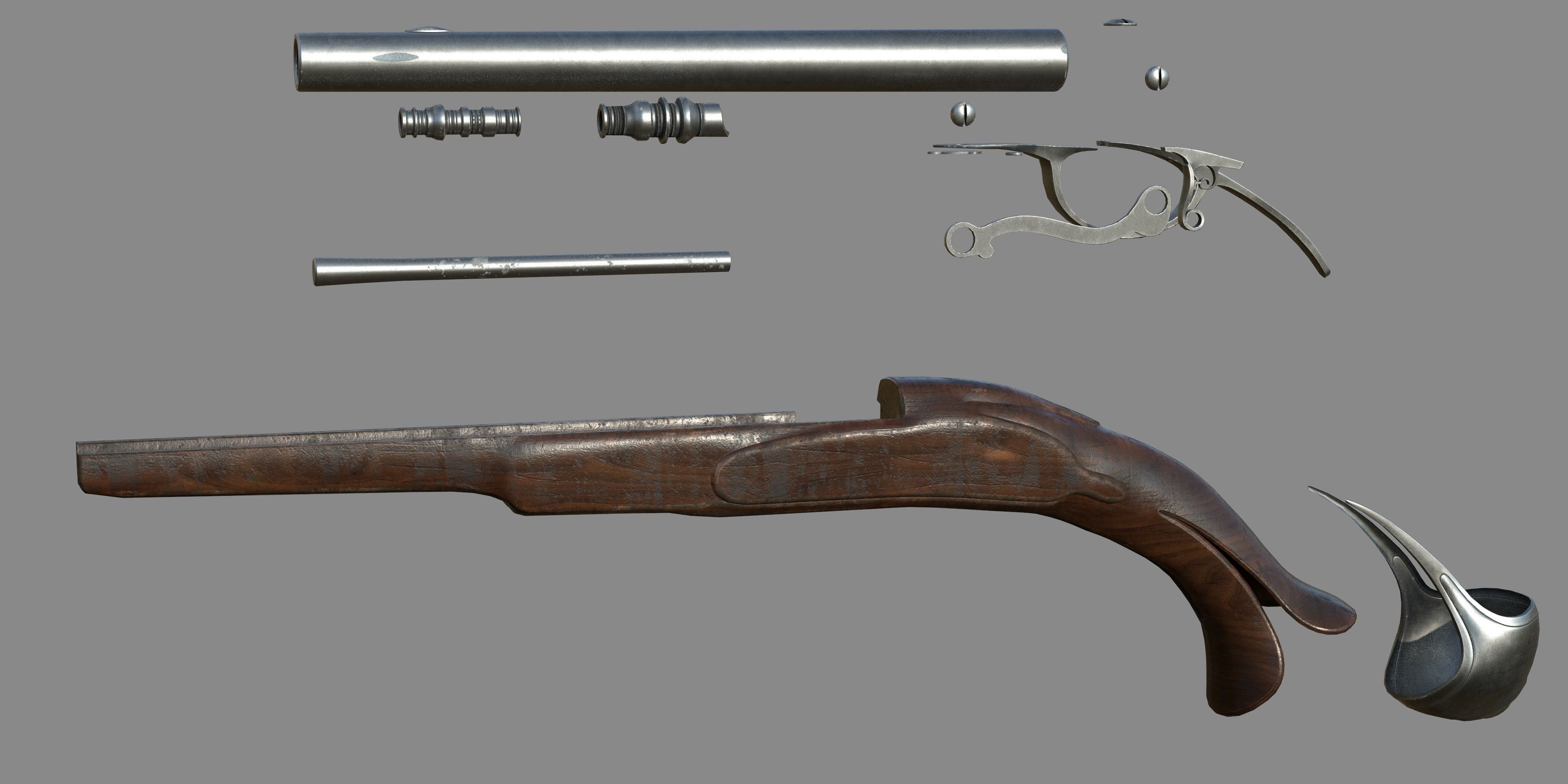 Weapon - Gun - Flintlock - Flemish Flintlock Pistol Ornament Low-poly 3D model_28