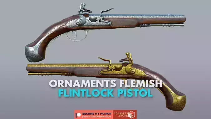 Weapon - Gun - Flintlock - Flemish Flintlock Pistol Ornament Low-poly 3D model