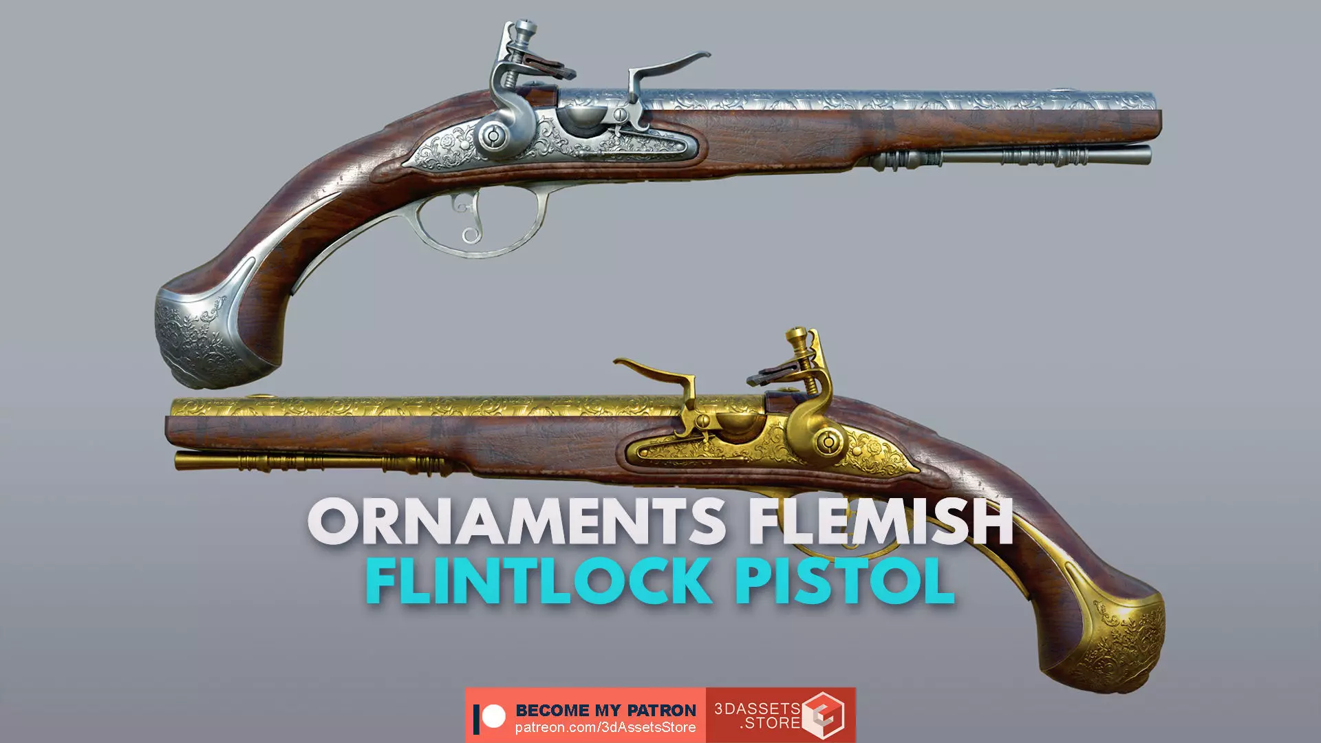 Weapon - Gun - Flintlock - Flemish Flintlock Pistol Ornament Low-poly 3D model_0