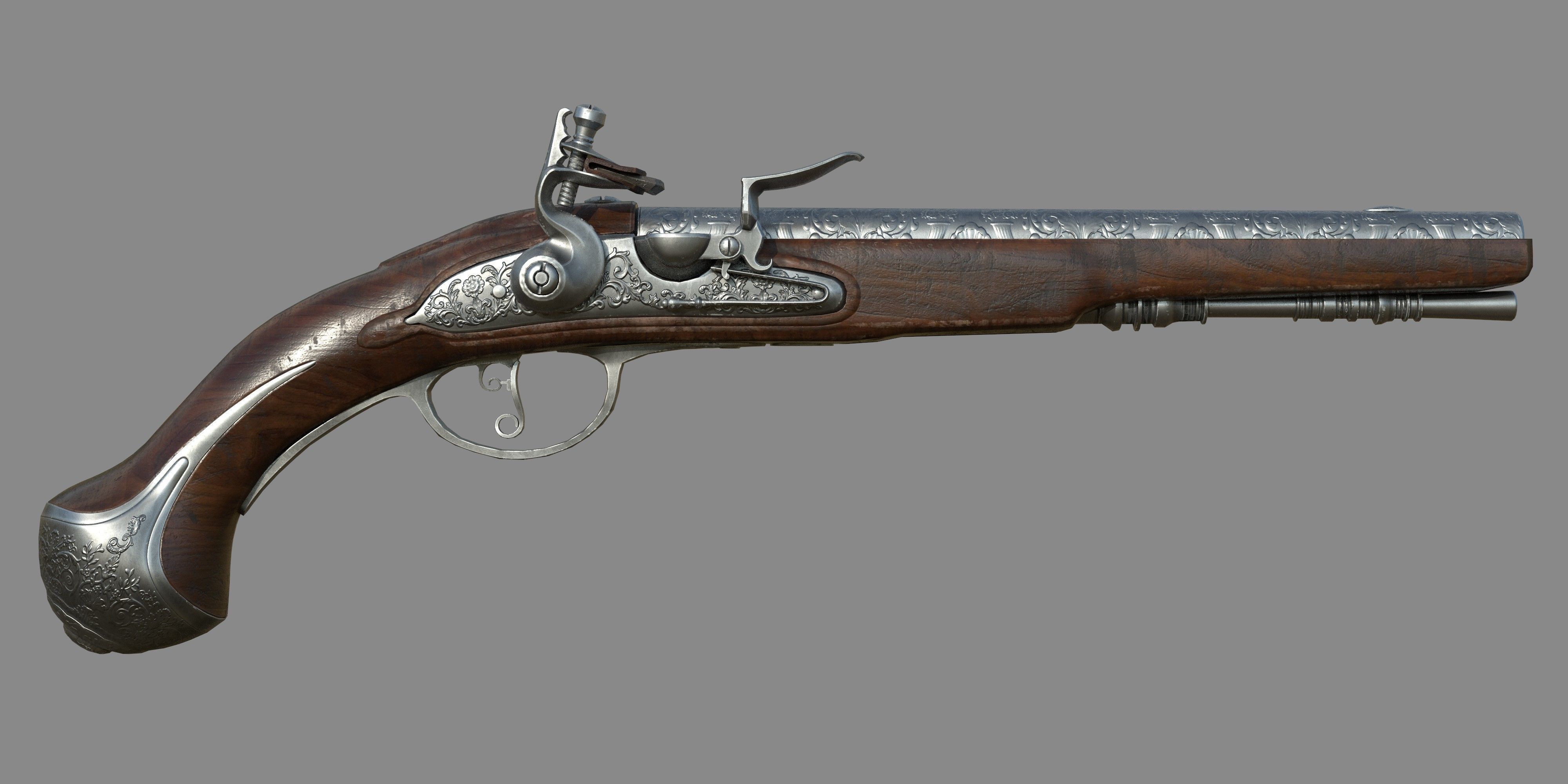 Weapon - Gun - Flintlock - Flemish Flintlock Pistol Ornament Low-poly 3D model_3