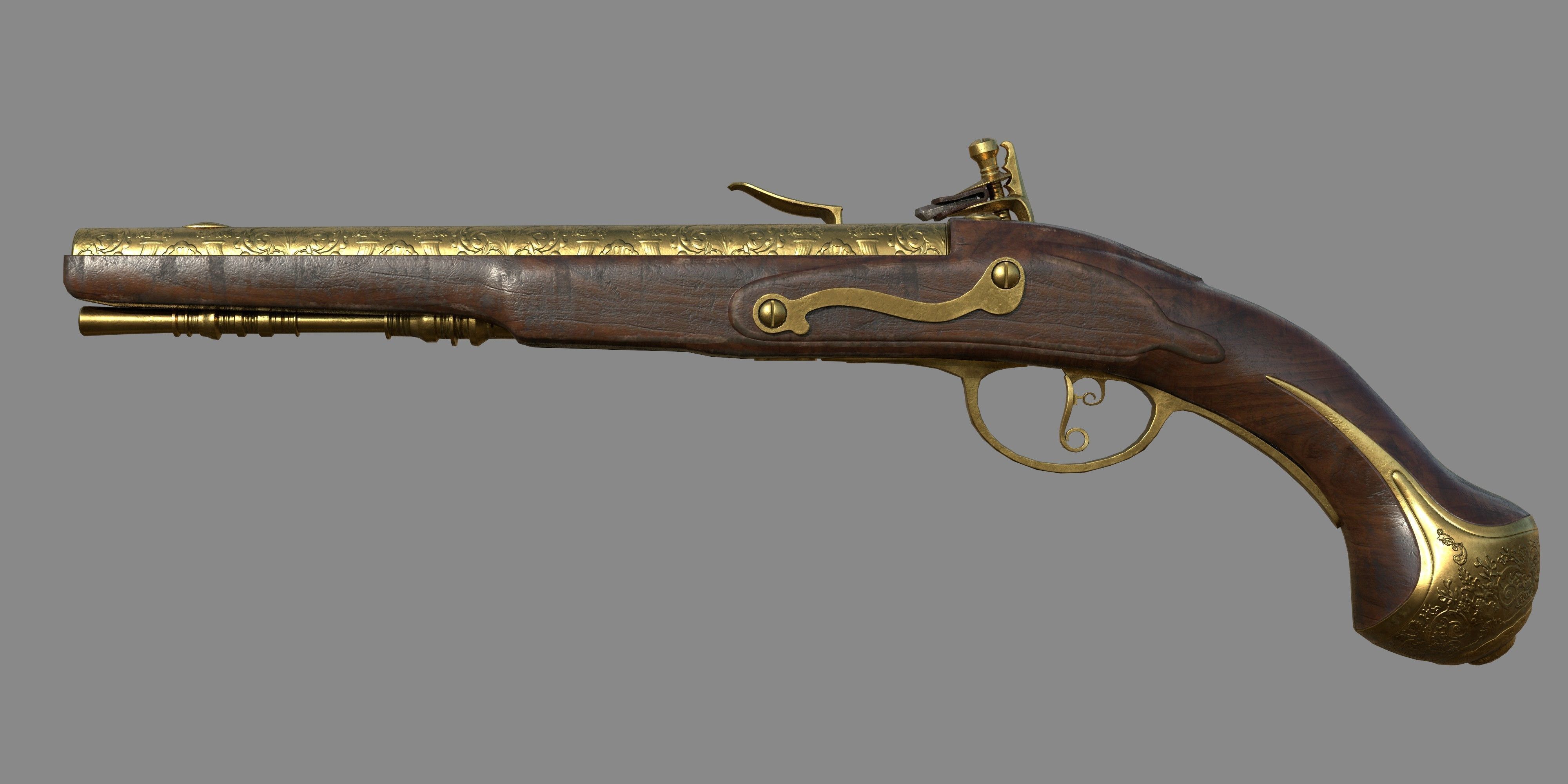 Weapon - Gun - Flintlock - Flemish Flintlock Pistol Ornament Low-poly 3D model_12