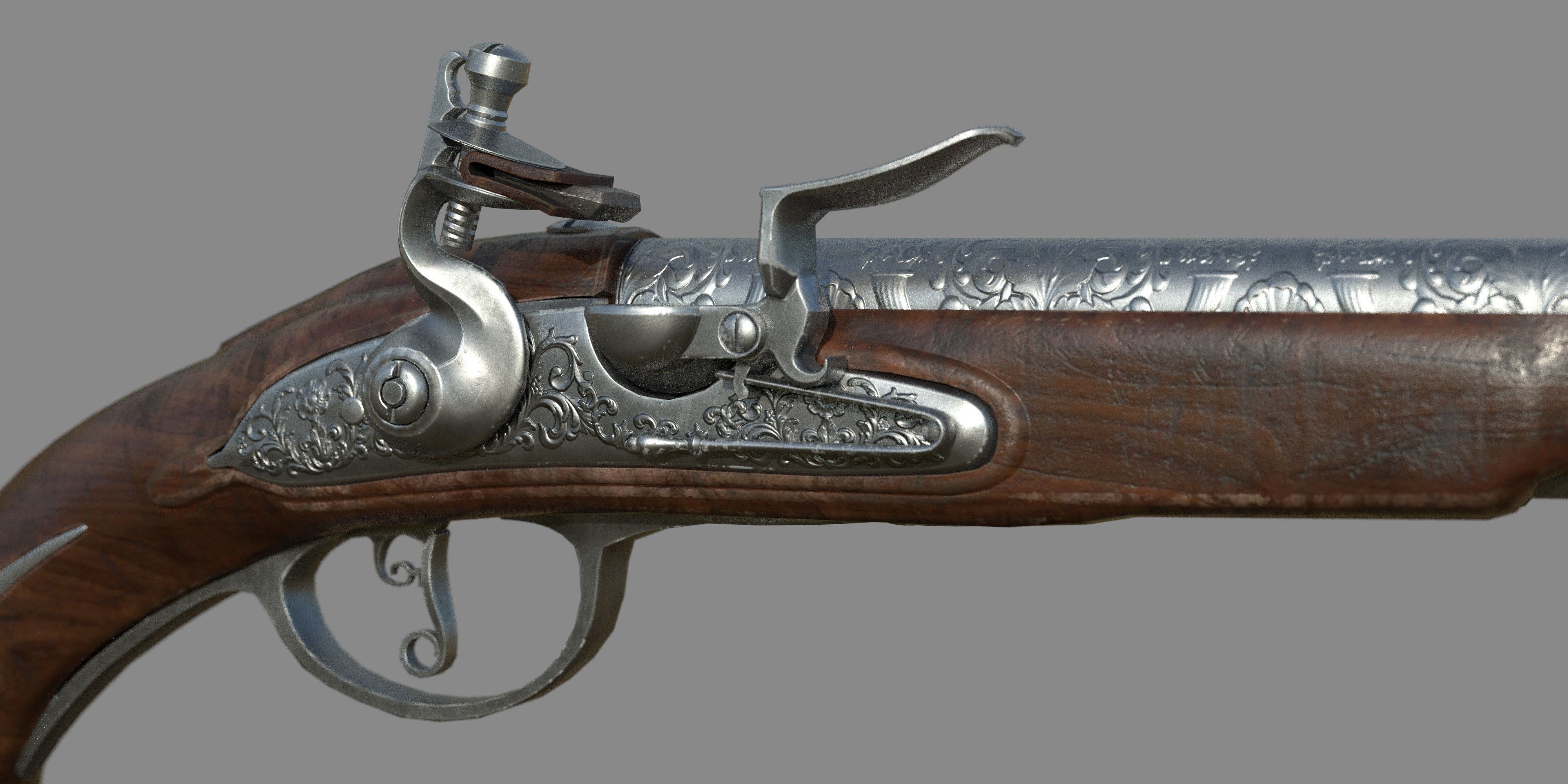 Weapon - Gun - Flintlock - Flemish Flintlock Pistol Ornament Low-poly 3D model_5