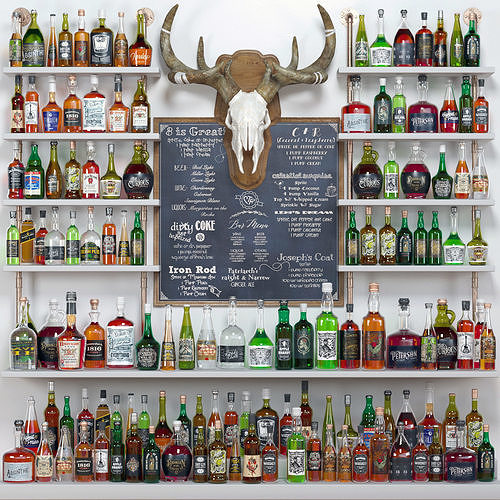 BigBar wall of liquor bottles with deer skull on top 3D model