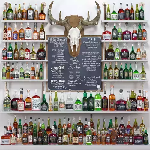 BigBar wall of liquor bottles with deer skull on top 3D model