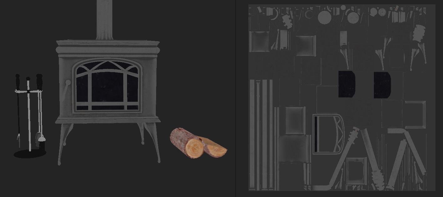 Fireplace and Logs and Equipment  Low-poly 3D model_7
