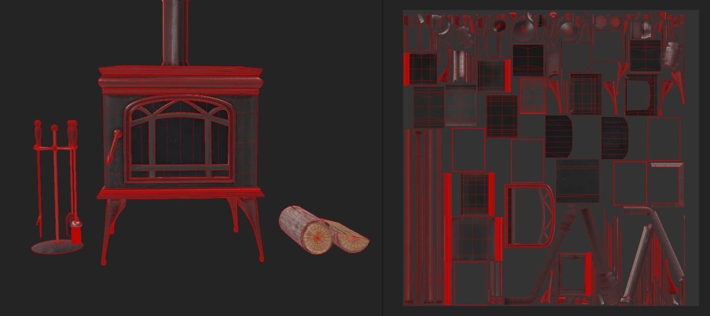 Fireplace and Logs and Equipment  Low-poly 3D model_11
