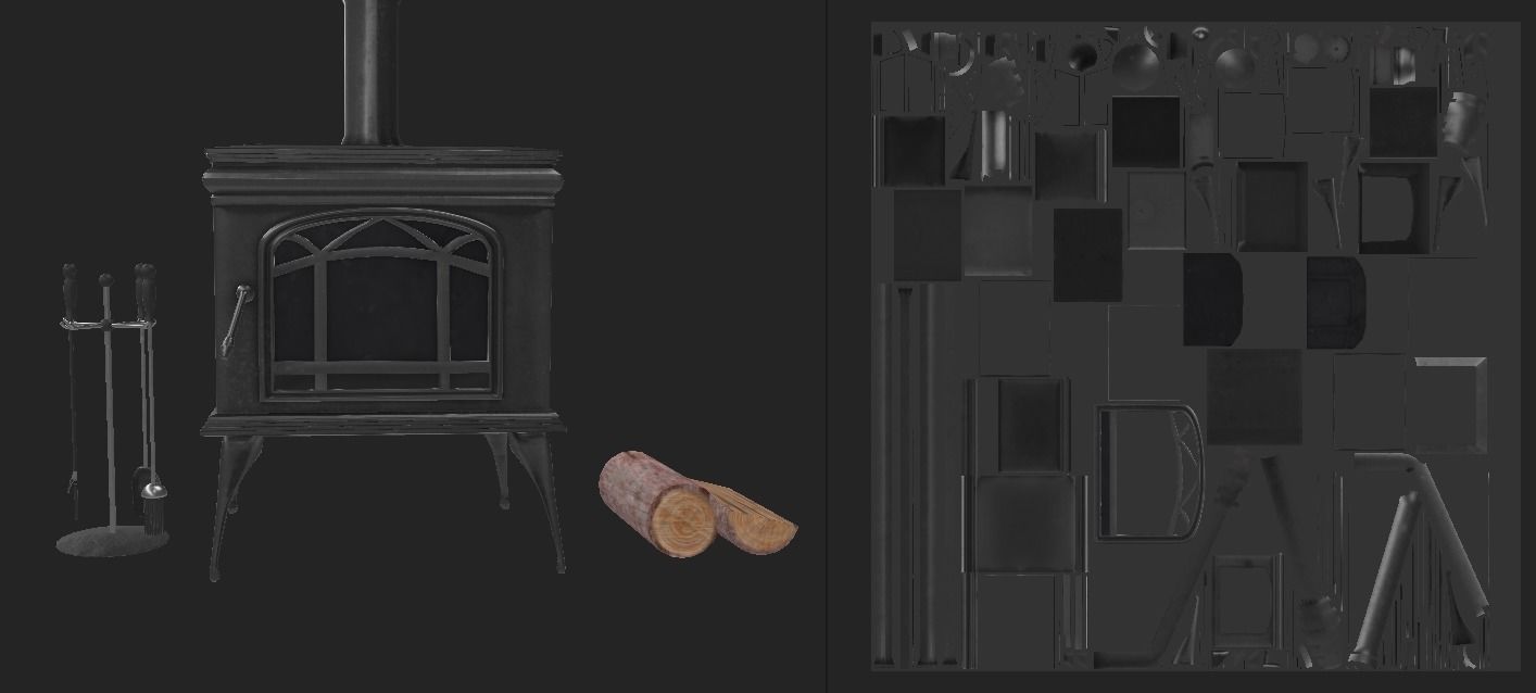 Fireplace and Logs and Equipment  Low-poly 3D model_6
