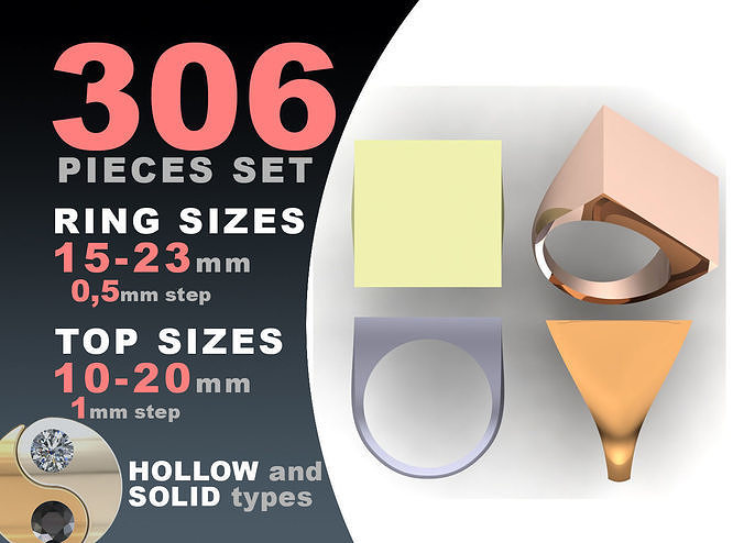 Signet rings set SQUARE top 3D print model