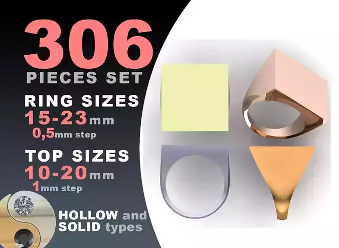 Signet rings set SQUARE top 3D print model