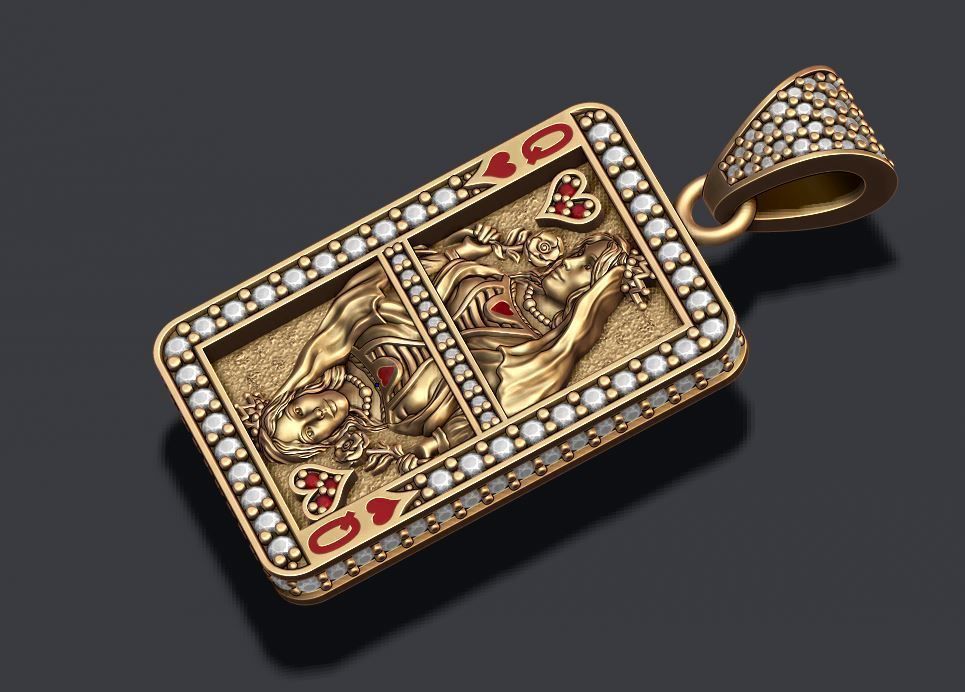 Heart queen playing card pendant 3D print model_4