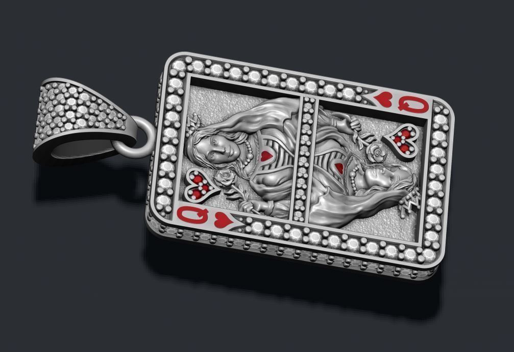 Heart queen playing card pendant 3D print model_5