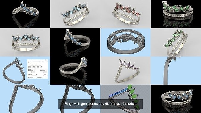 Women Rings with gemstones and diamonds 3dm stl 3D print model 3D Model Collection