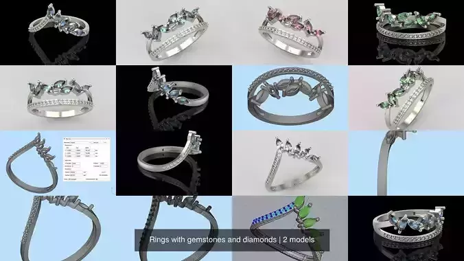 Women Rings with gemstones and diamonds 3dm stl 3D print model 3D Model Collection