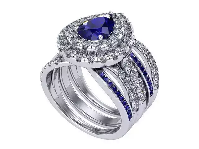 Pear sapphire ring with matching bands