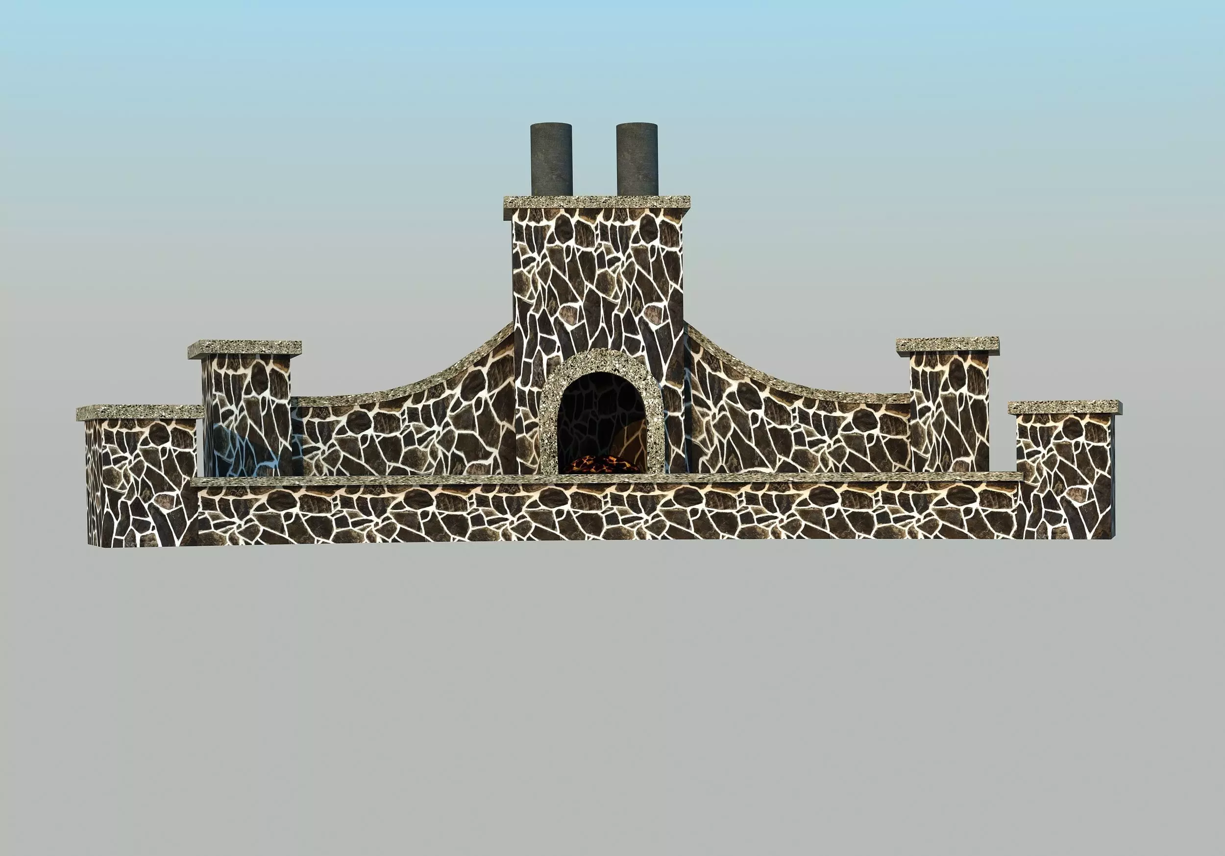 Fireplace stone with two chimneys Low-poly 3D model_0