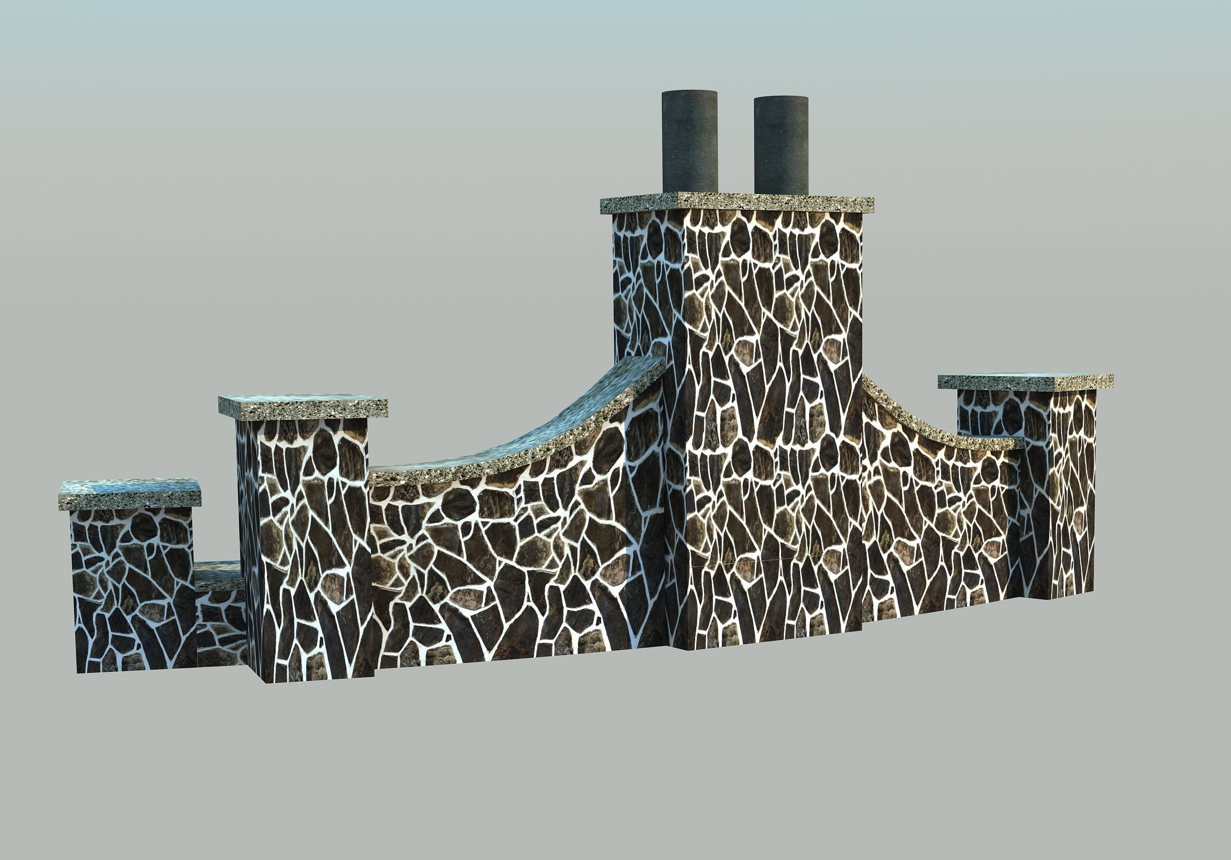 Fireplace stone with two chimneys Low-poly 3D model_4