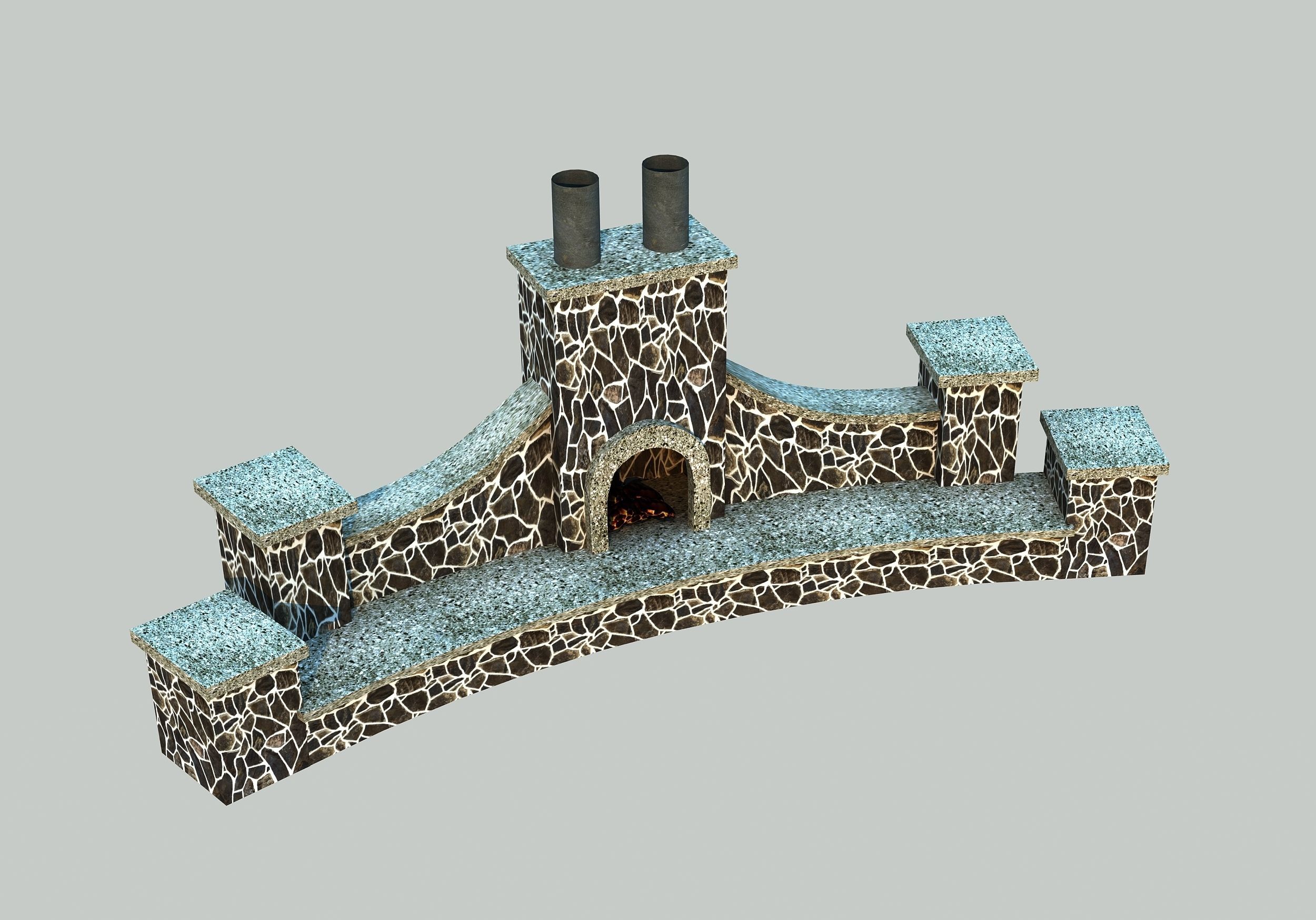 Fireplace stone with two chimneys Low-poly 3D model_1