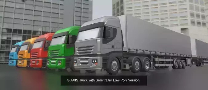 3-AXIS Truck with Semitrailer Low and High-Poly Package 3D Model Collection