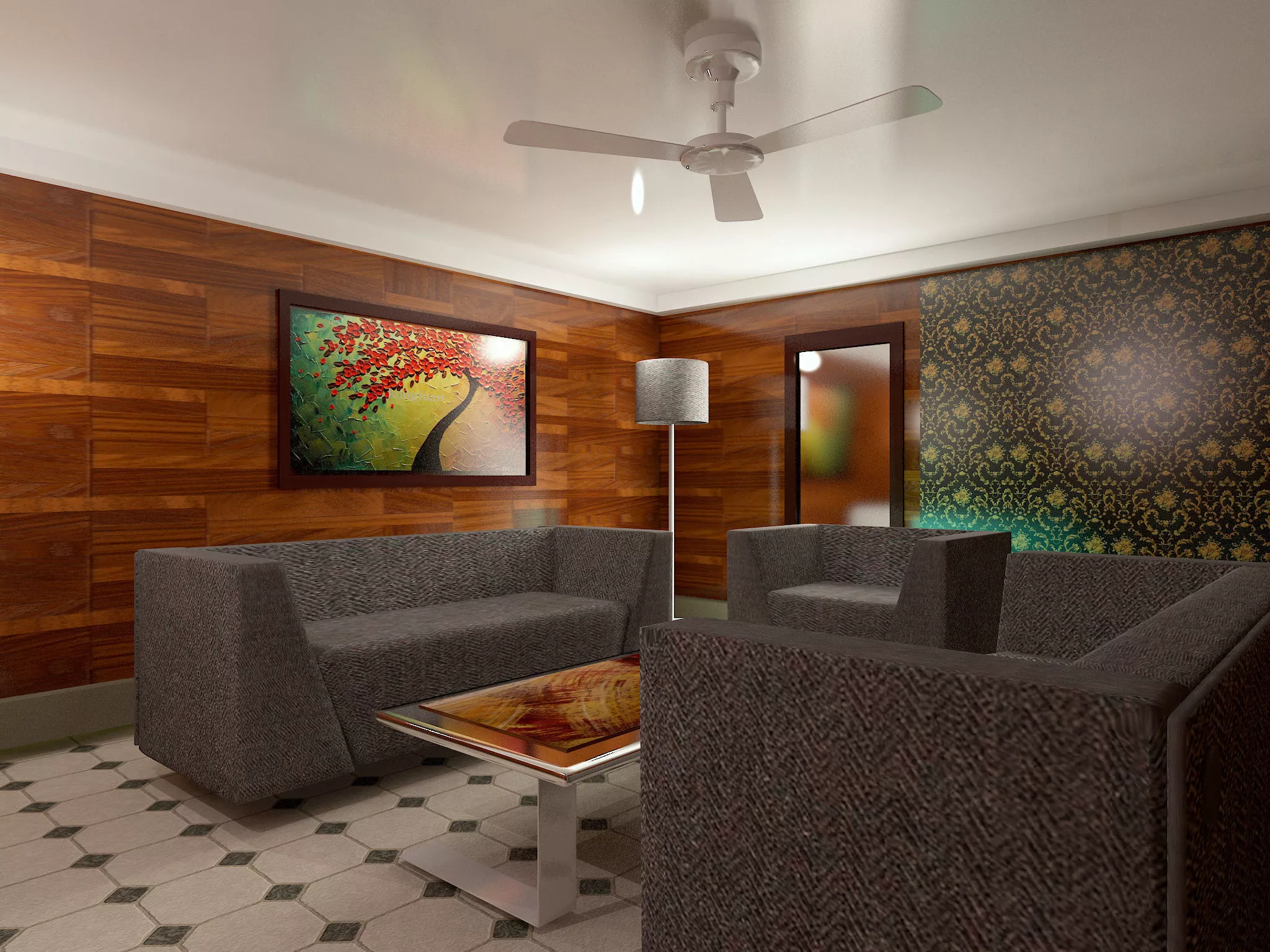 Room living with wood paneling Free 3D model