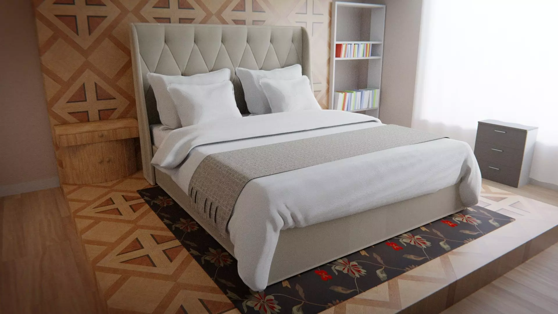 bed with pillows and blanket 3D model_0