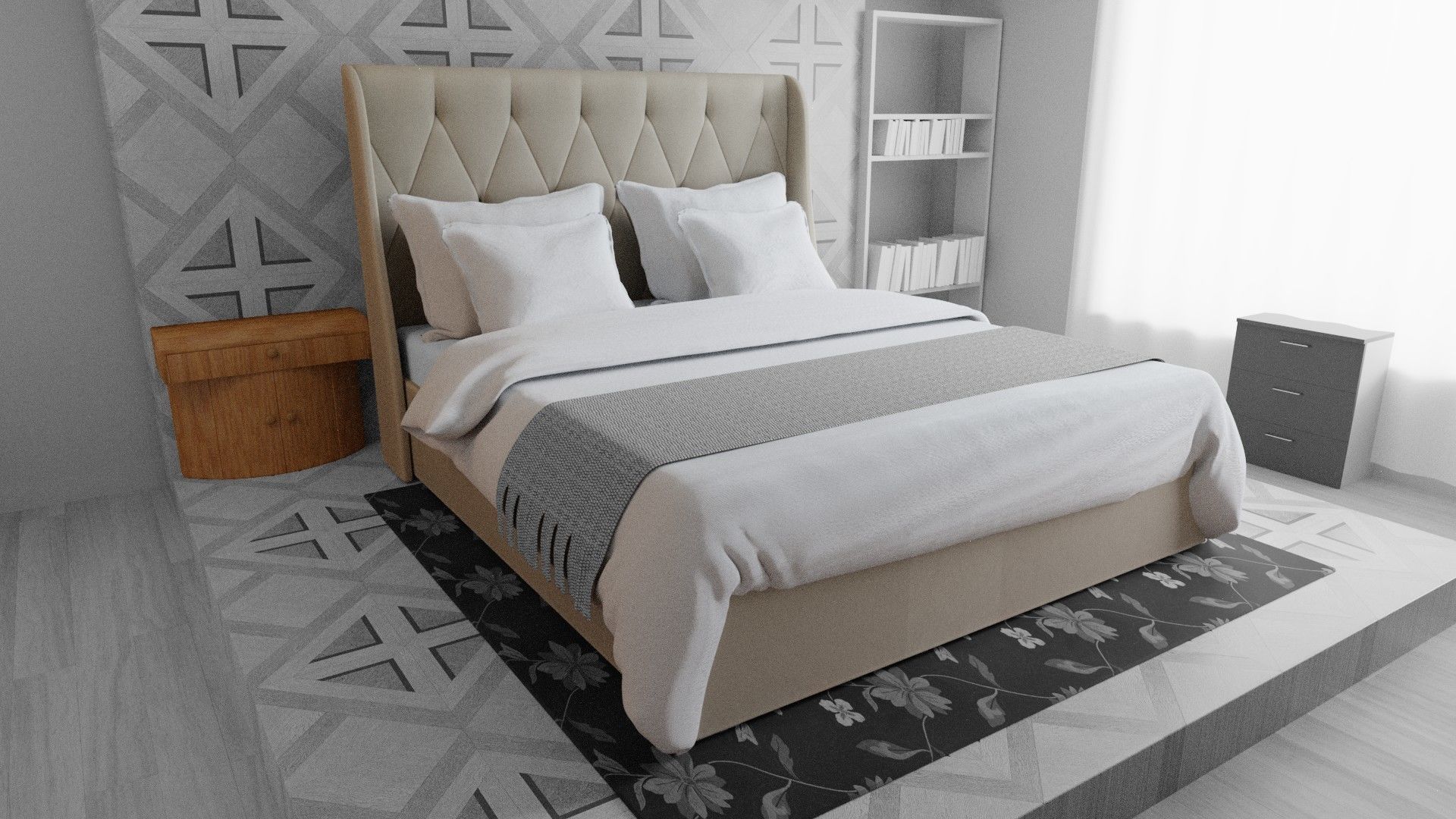 bed with pillows and blanket 3D model_3