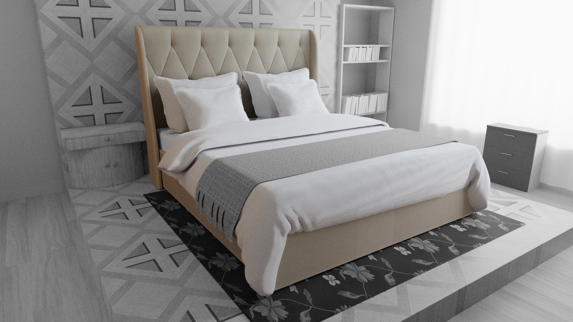 bed with pillows and blanket 3D model_8