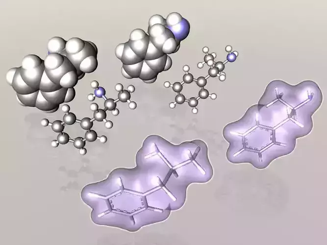 Benzedrine - levoamphetamine  and dextroamphetamine - molecules 3D model