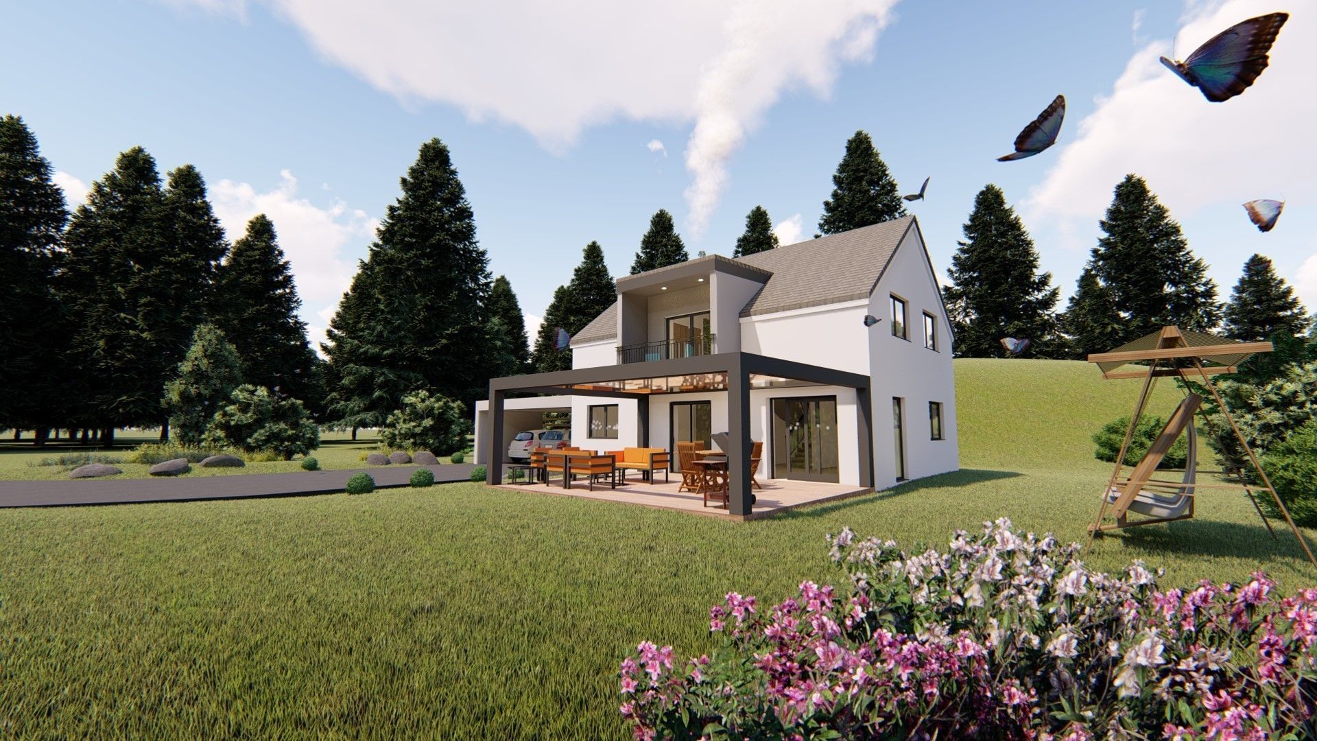 modern house with garage and terrace 3d model Low-poly 3D model_2