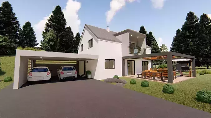 modern house with garage and terrace 3d model 