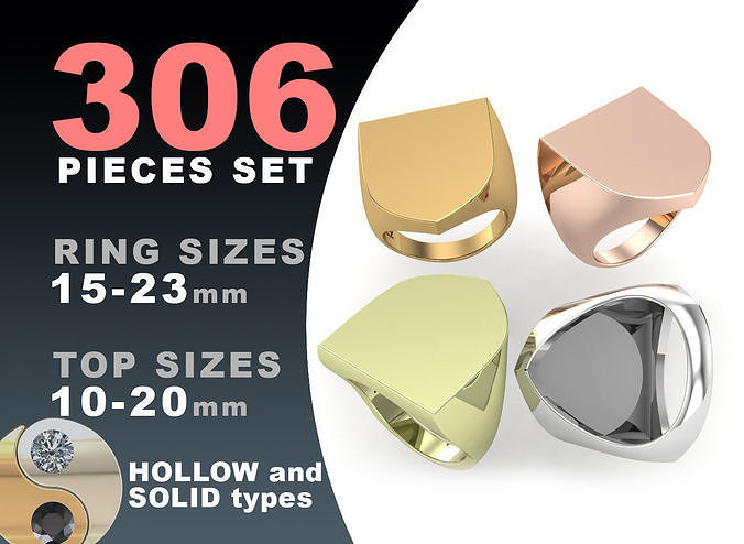 Signet rings set HERALDIC SHIELD top 3D print model