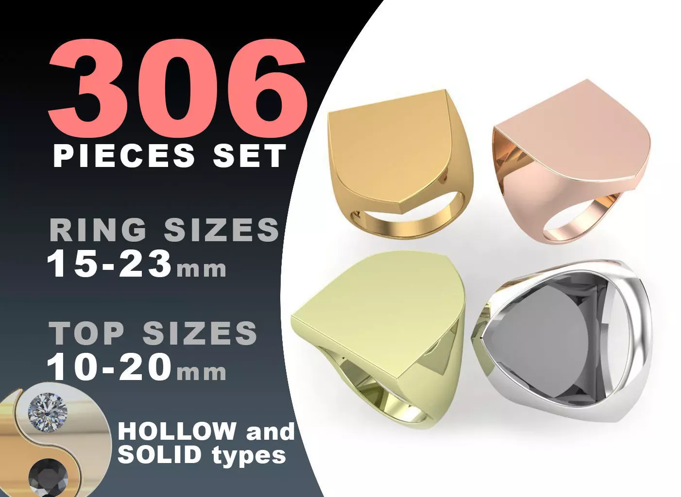 Signet rings set HERALDIC SHIELD top 3D print model_0