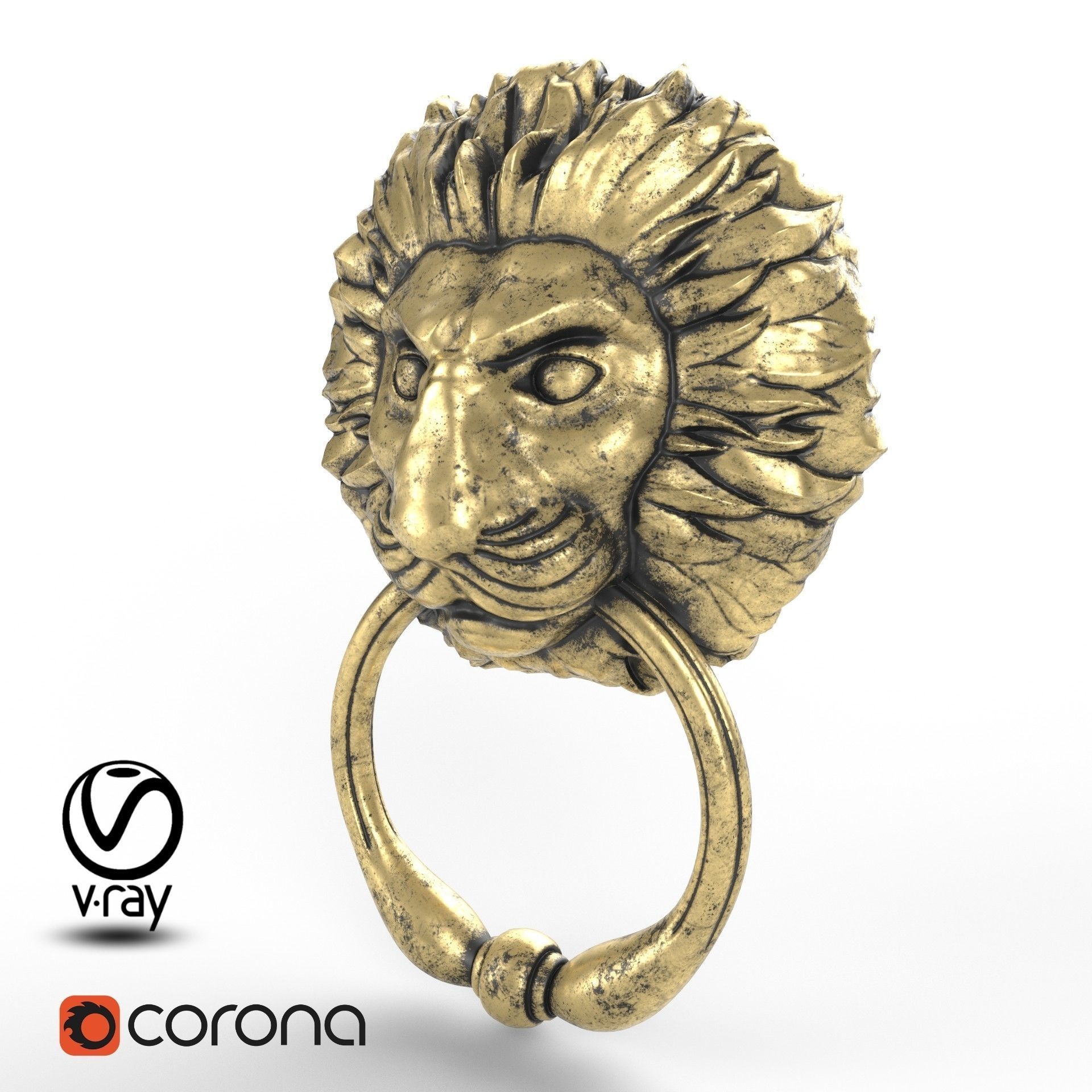 Door handle in the form of a lion head with a ring 3D model_2