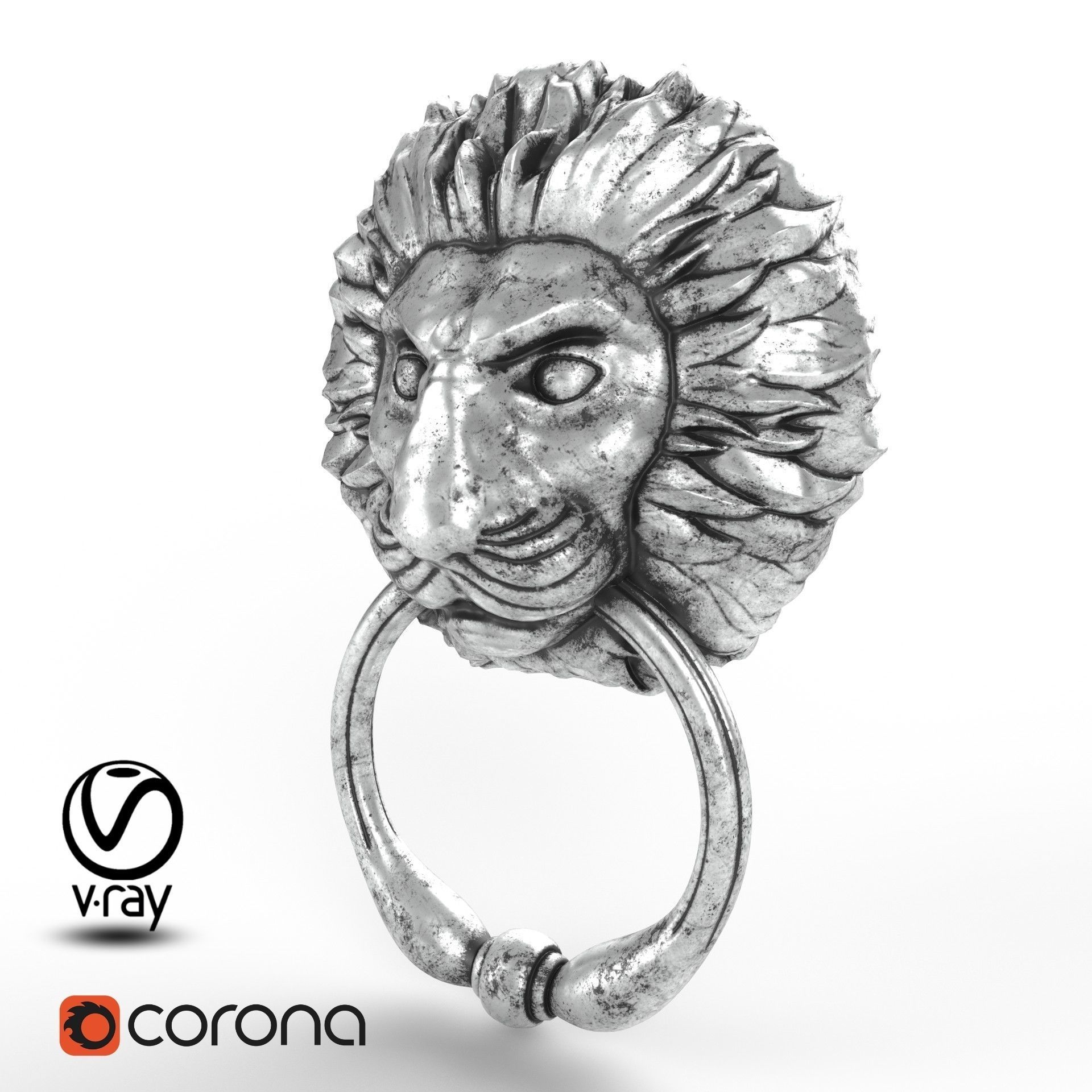 Door handle in the form of a lion head with a ring 3D model_3