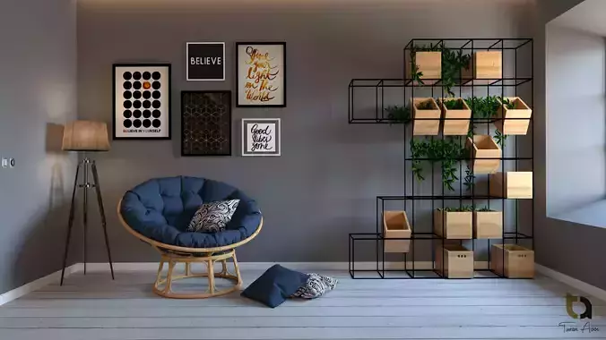 Stairs living room with chair and shelves 3D model