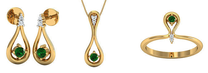 Emerald Pear Fashion Earring -Pendant - Ring set 3D print model