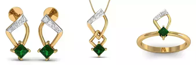 Emerald Pierced Earring - Pendant -Ring Set