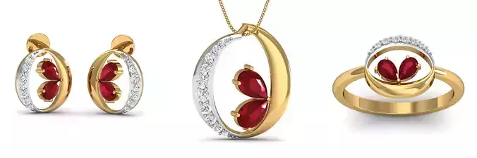 Round Pear Ruby Earring - Pendant - Ring Set 