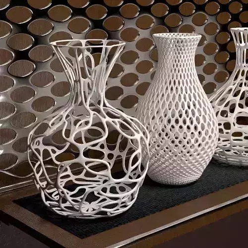 Vases 3d print four on wooden shelf 3D model