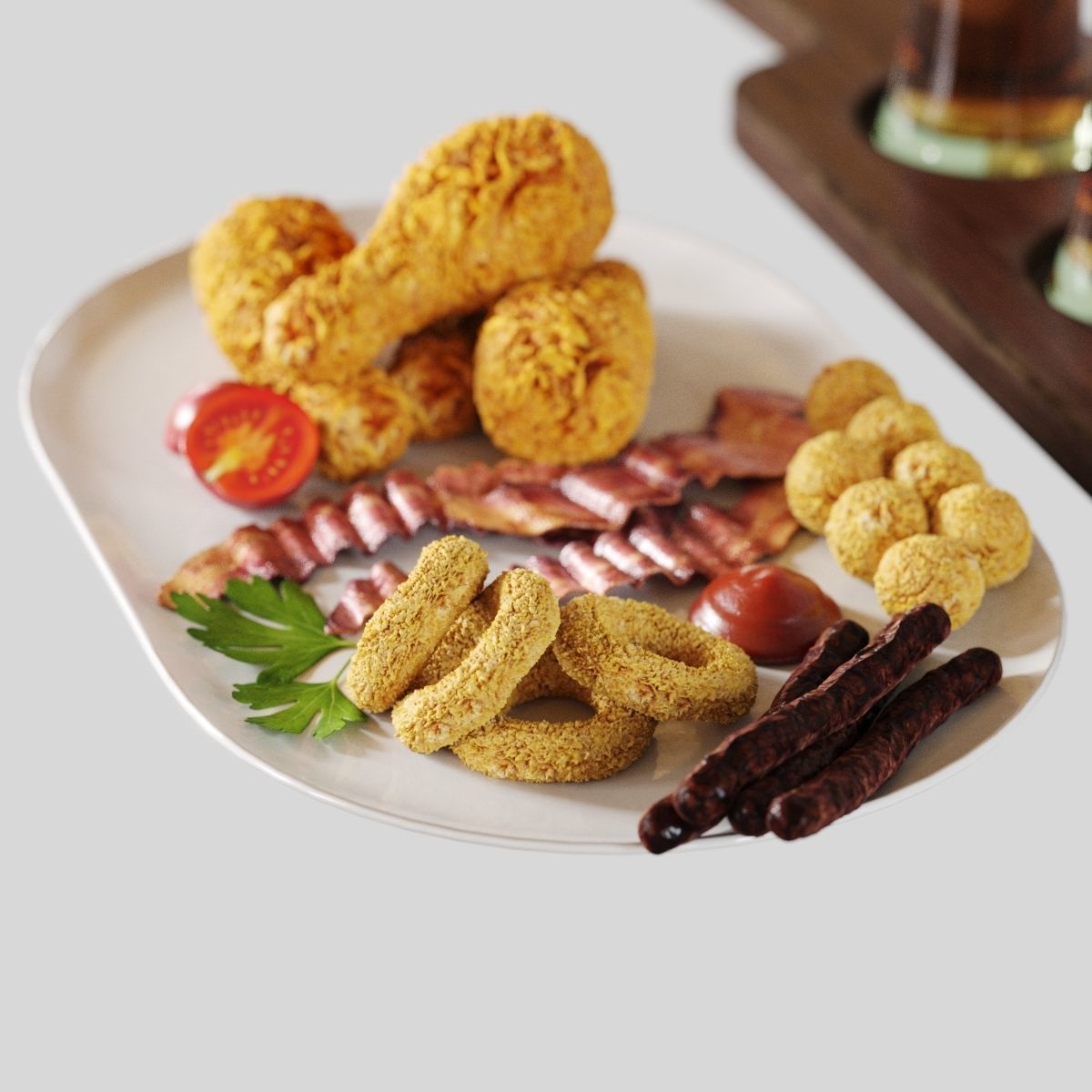 Beer set wooden tray with four holes 3D model_4