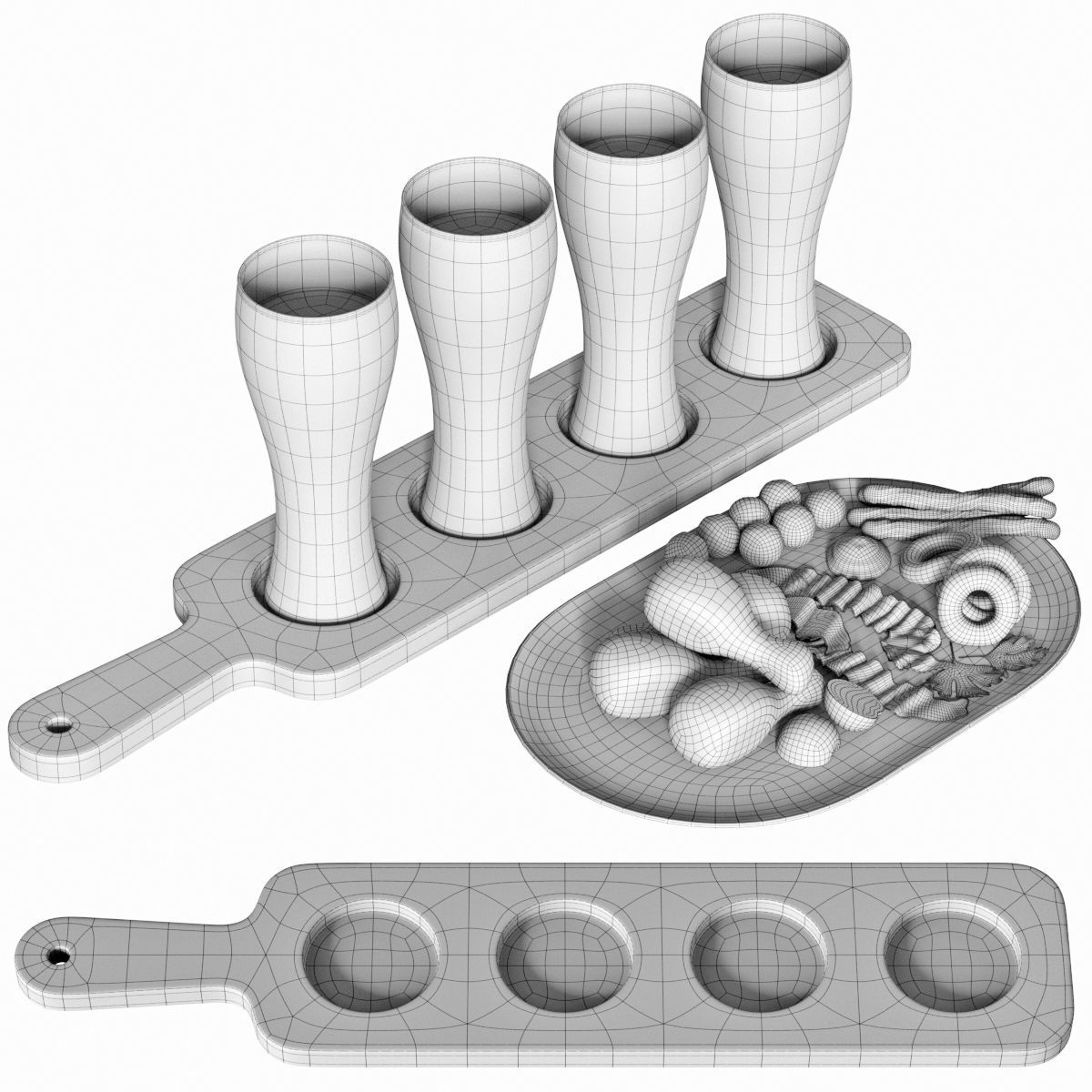Beer set wooden tray with four holes 3D model_5