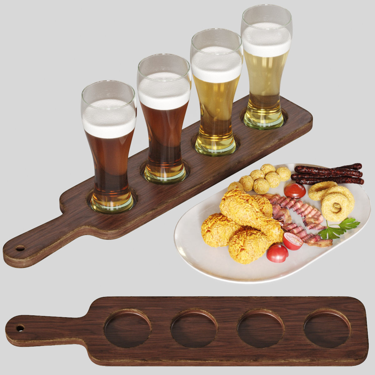 Beer set wooden tray with four holes 3D model_1